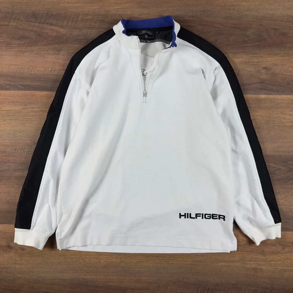 Vintage Tommy Hilfiger Quarter Zip Pullover White Black Stripe Mens XL 90s Sport